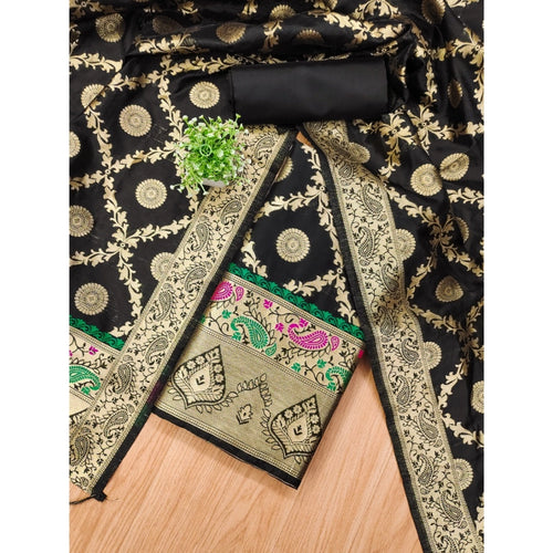 Vaystra Banarasi Silk Printed Unstitched Salwar Suit Material With Dupatta – Black