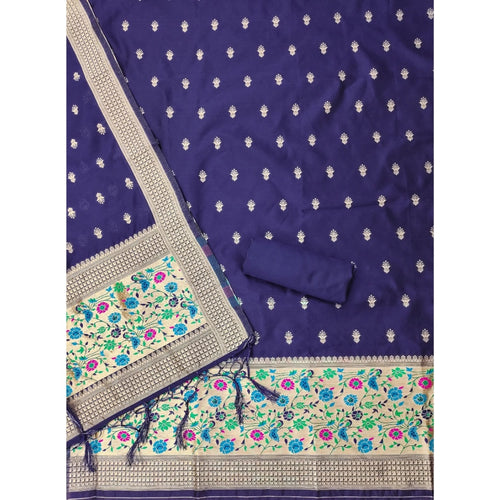 Vaystra Banarasi Silk Printed Unstitched Salwar Suit Material With Dupatta – Navy Blue