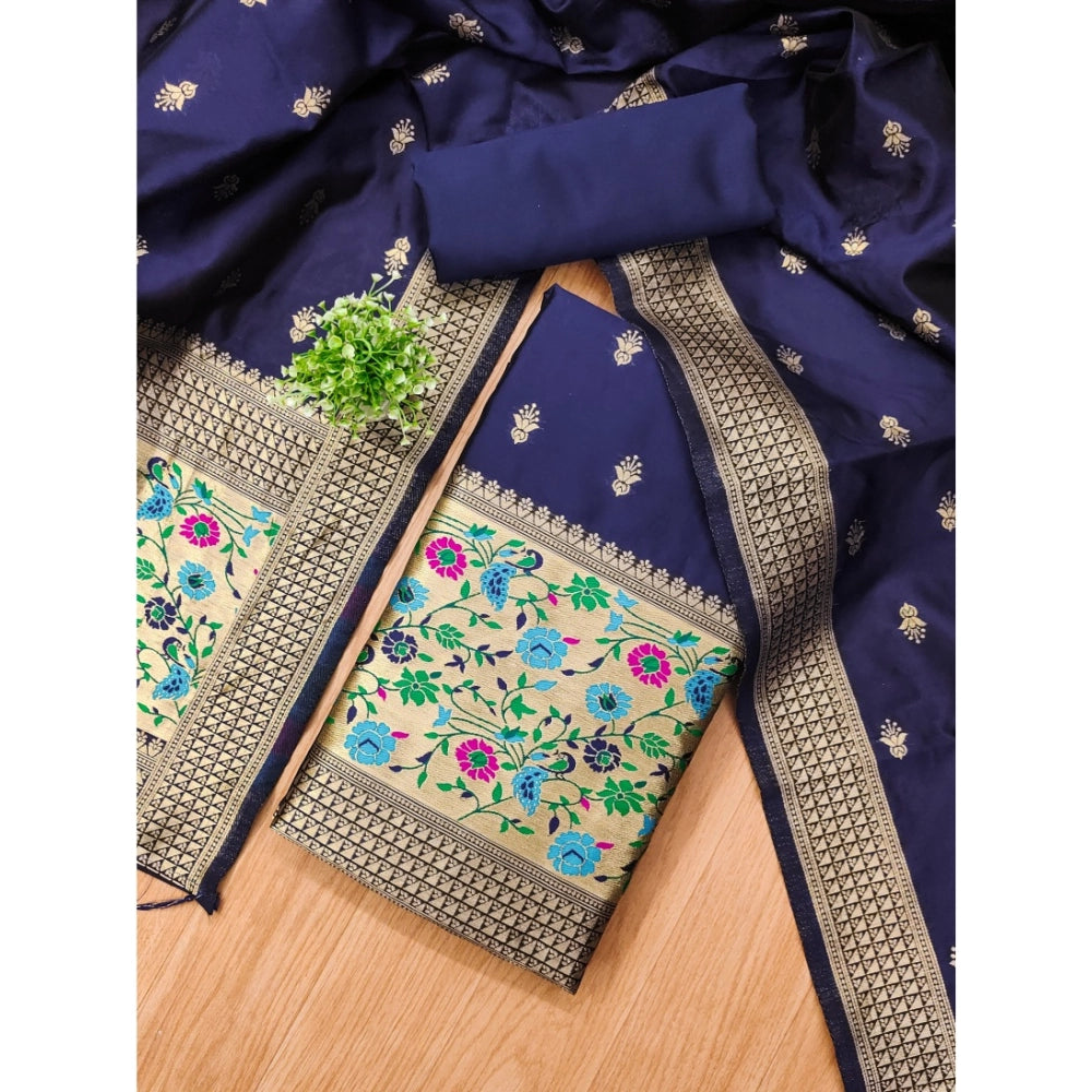 Vaystra Banarasi Silk Printed Unstitched Salwar Suit Material With Dupatta – Navy Blue