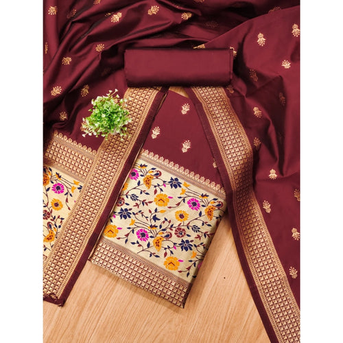 Vaystra Banarasi Silk Printed Unstitched Salwar Suit Material With Dupatta – Maroon