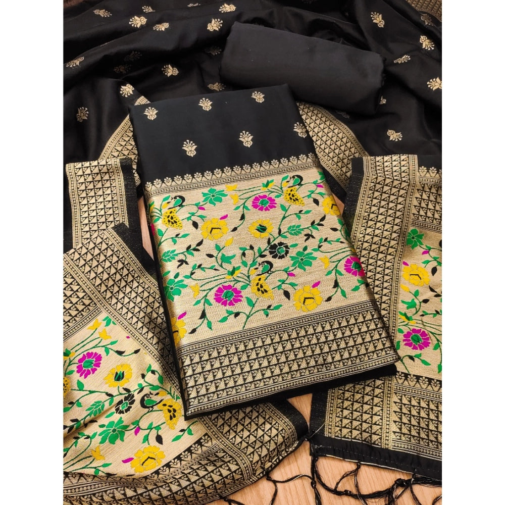 Vaystra Banarasi Silk Printed Unstitched Salwar Suit Material With Dupatta – Black