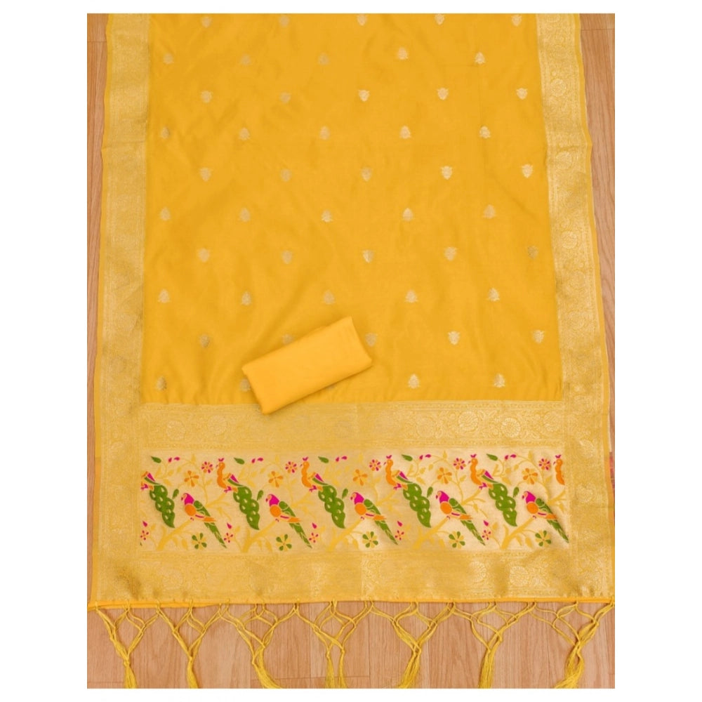 Vaystra Banarasi Silk Printed Unstitched Salwar Suit Material With Dupatta – Yellow