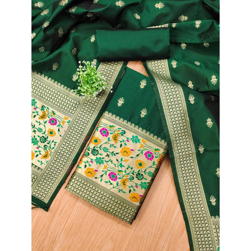 Vaystra Banarasi Silk Printed Unstitched Salwar Suit Material With Dupatta – Bottle Green