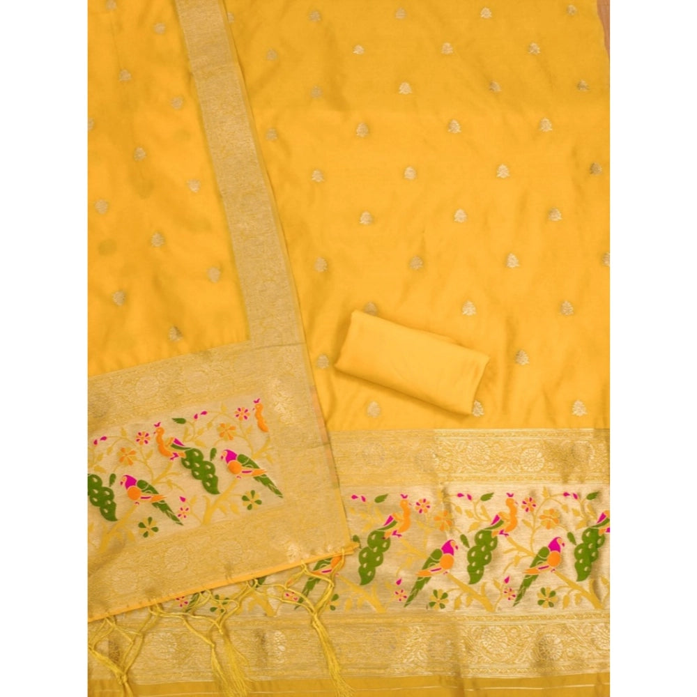 Vaystra Banarasi Silk Printed Unstitched Salwar Suit Material With Dupatta – Yellow