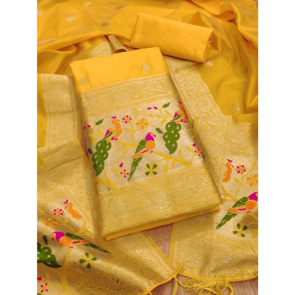 Vaystra Banarasi Silk Printed Unstitched Salwar Suit Material With Dupatta – Yellow