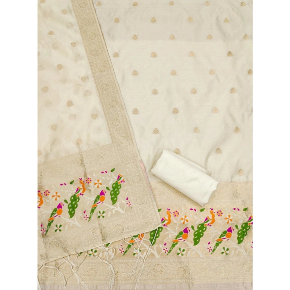 Vaystra Banarasi Silk Printed Unstitched Salwar Suit Material With Dupatta – White