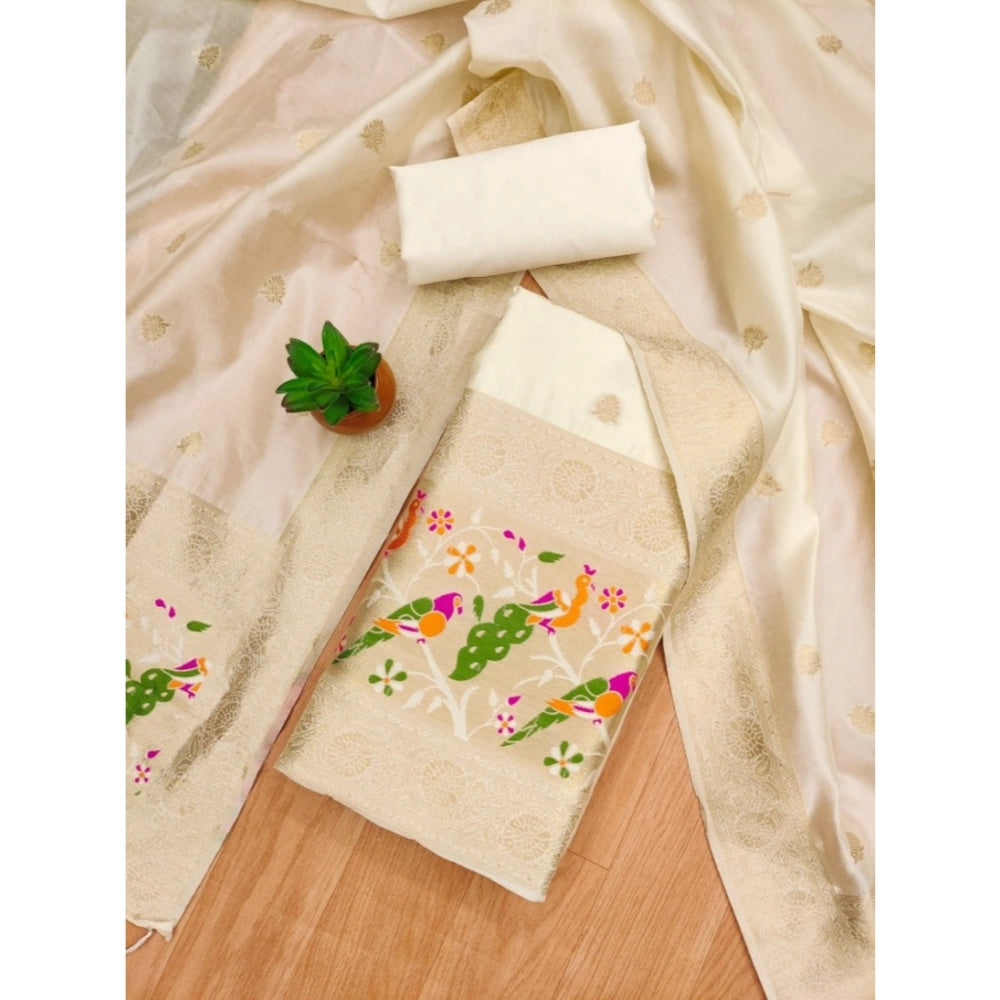 Vaystra Banarasi Silk Printed Unstitched Salwar Suit Material With Dupatta – White