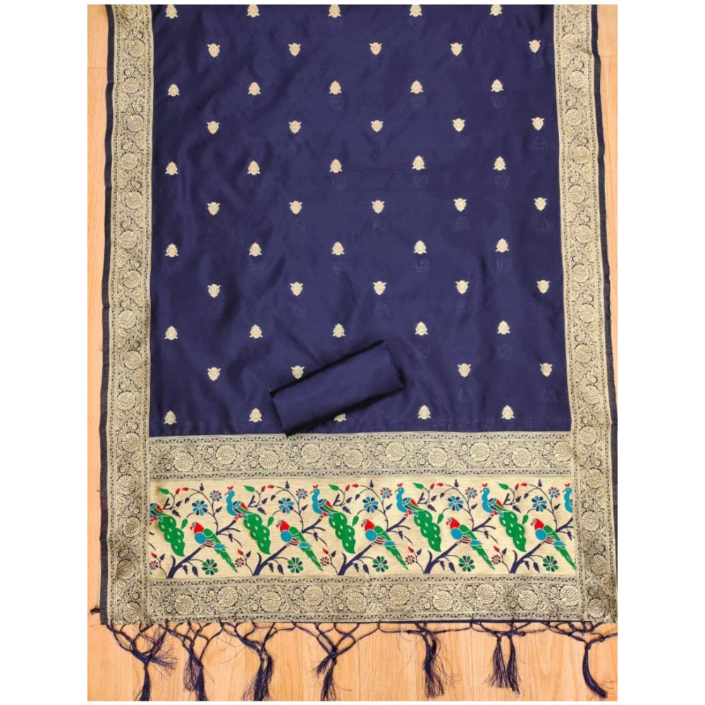 Vaystra Banarasi Silk Printed Unstitched Salwar Suit Material With Dupatta – Navy Blue