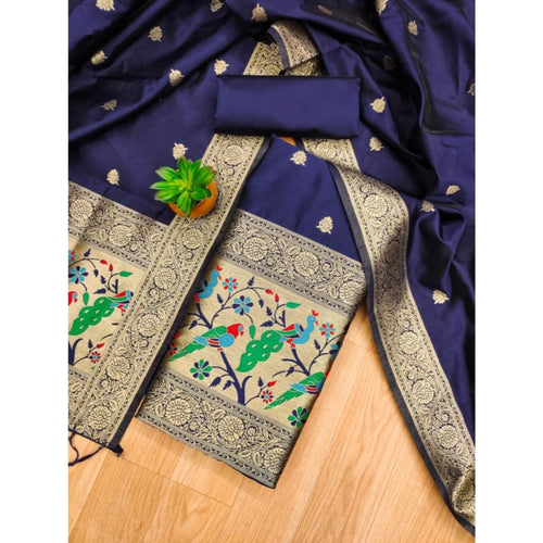 Vaystra Banarasi Silk Printed Unstitched Salwar Suit Material With Dupatta – Navy Blue