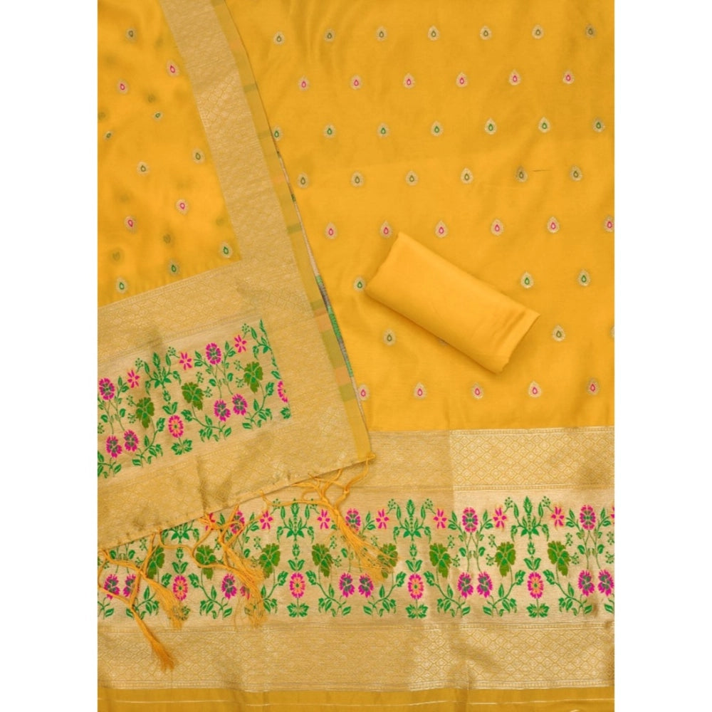 Vaystra Banarasi Silk Printed Unstitched Salwar Suit Material With Dupatta – Yellow