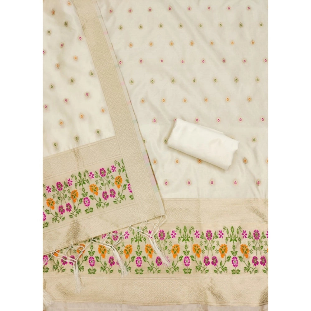 Vaystra Banarasi Silk Printed Unstitched Salwar Suit Material With Dupatta – White