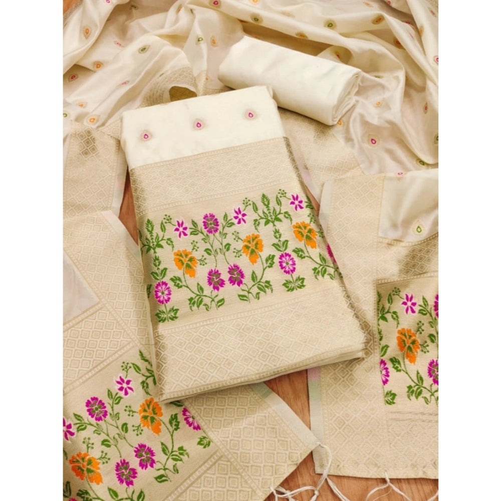 Vaystra Banarasi Silk Printed Unstitched Salwar Suit Material With Dupatta – White