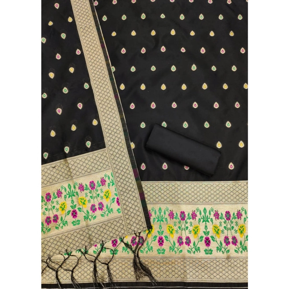 Vaystra Banarasi Silk Printed Unstitched Salwar Suit Material With Dupatta – Black