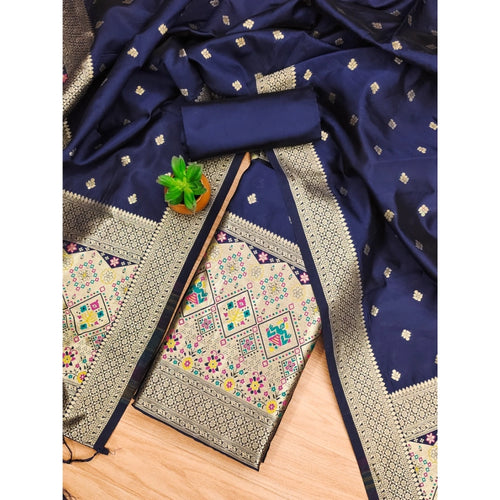 Vaystra Banarasi Silk Printed Unstitched Salwar Suit Material With Dupatta – Navy Blue