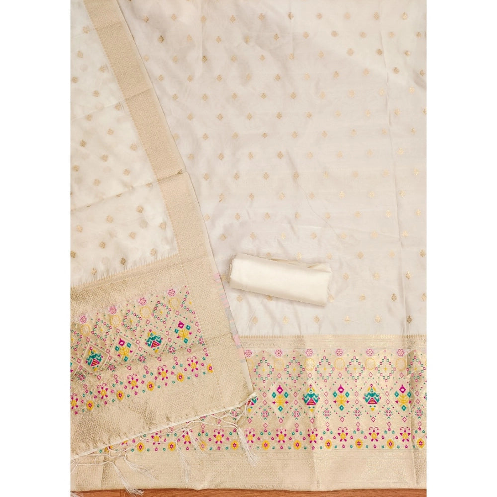 Vaystra Banarasi Silk Printed Unstitched Salwar Suit Material With Dupatta – White