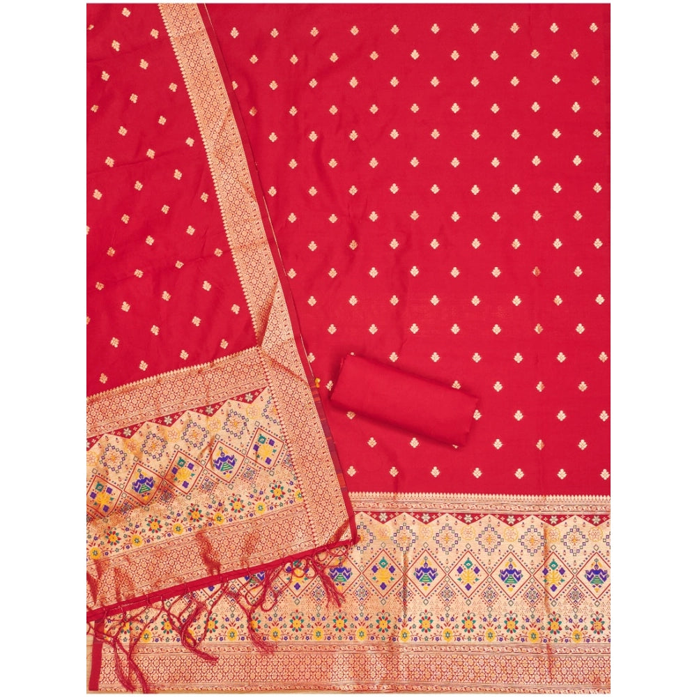 Vaystra Banarasi Silk Printed Unstitched Salwar Suit Material With Dupatta – Red