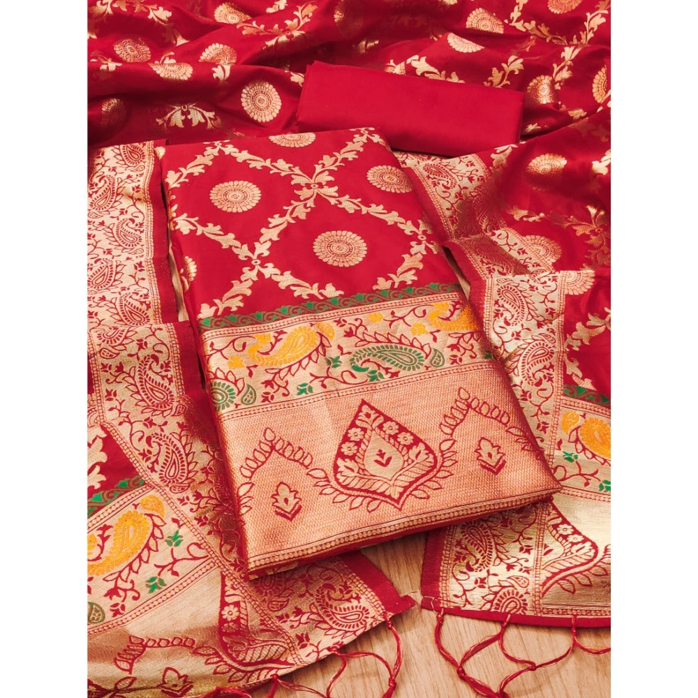 Vaystra Banarasi Silk Printed Unstitched Salwar Suit Material With Dupatta – Red
