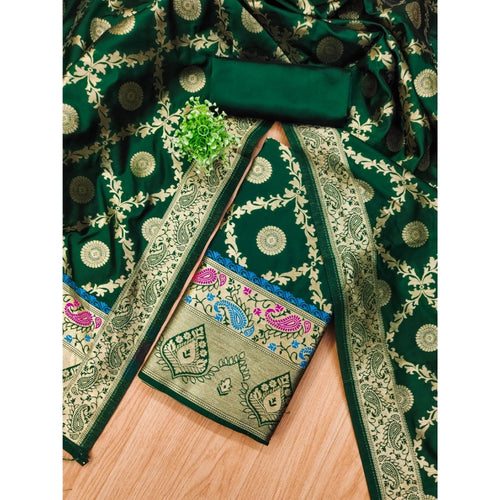 Vaystra Banarasi Silk Printed Unstitched Salwar Suit Material With Dupatta – Bottle Green