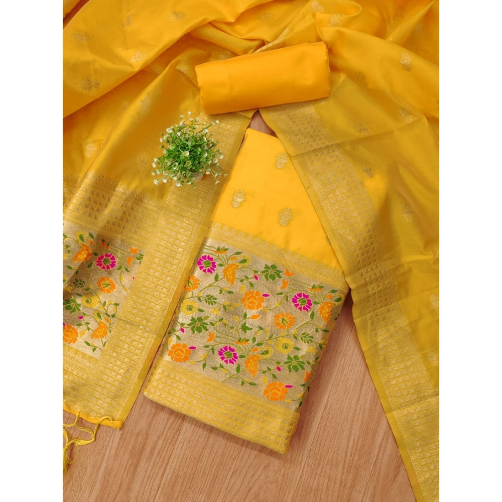 Vaystra Banarasi Silk Printed Unstitched Salwar Suit Material With Dupatta – Yellow
