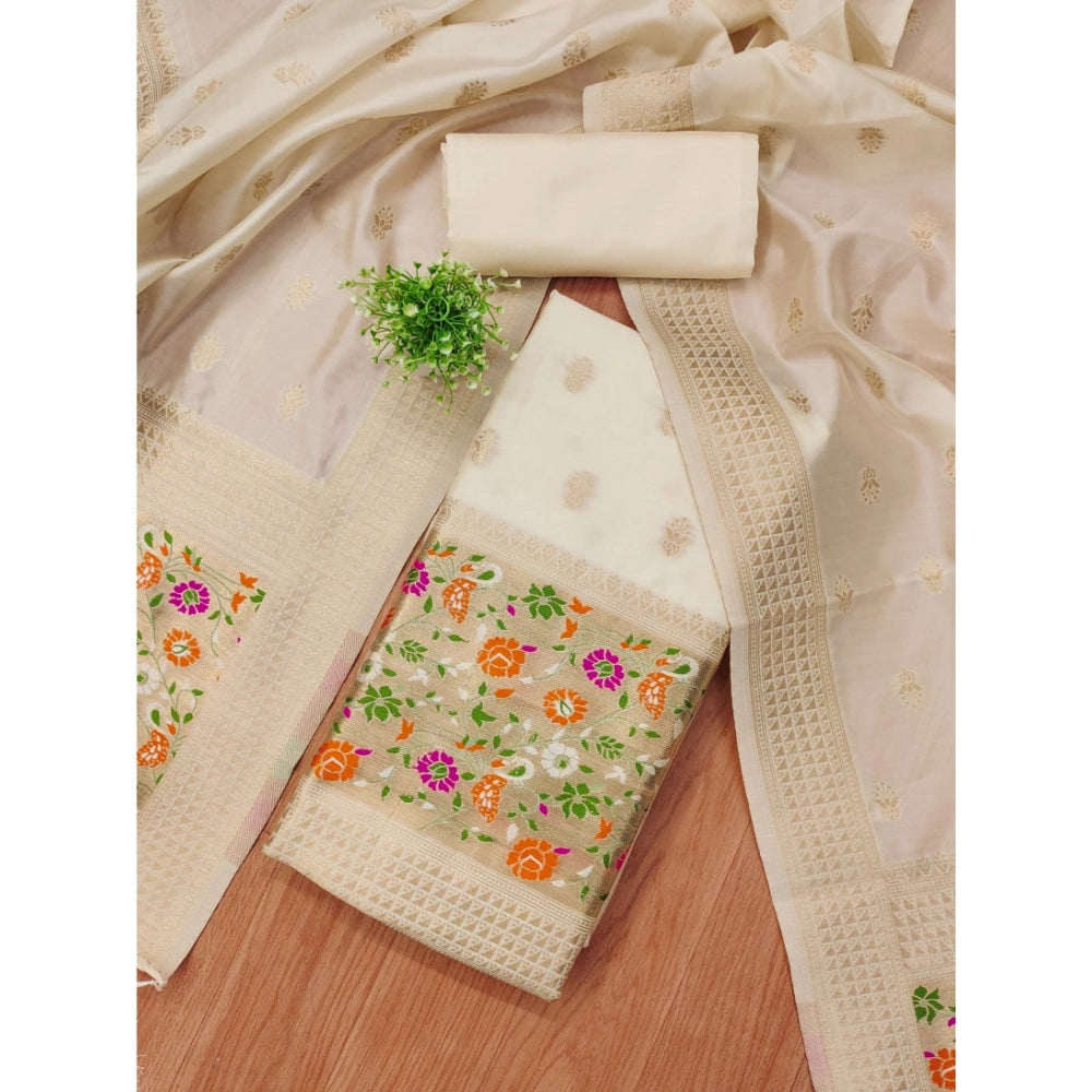 Vaystra Banarasi Silk Printed Unstitched Salwar Suit Material With Dupatta – White