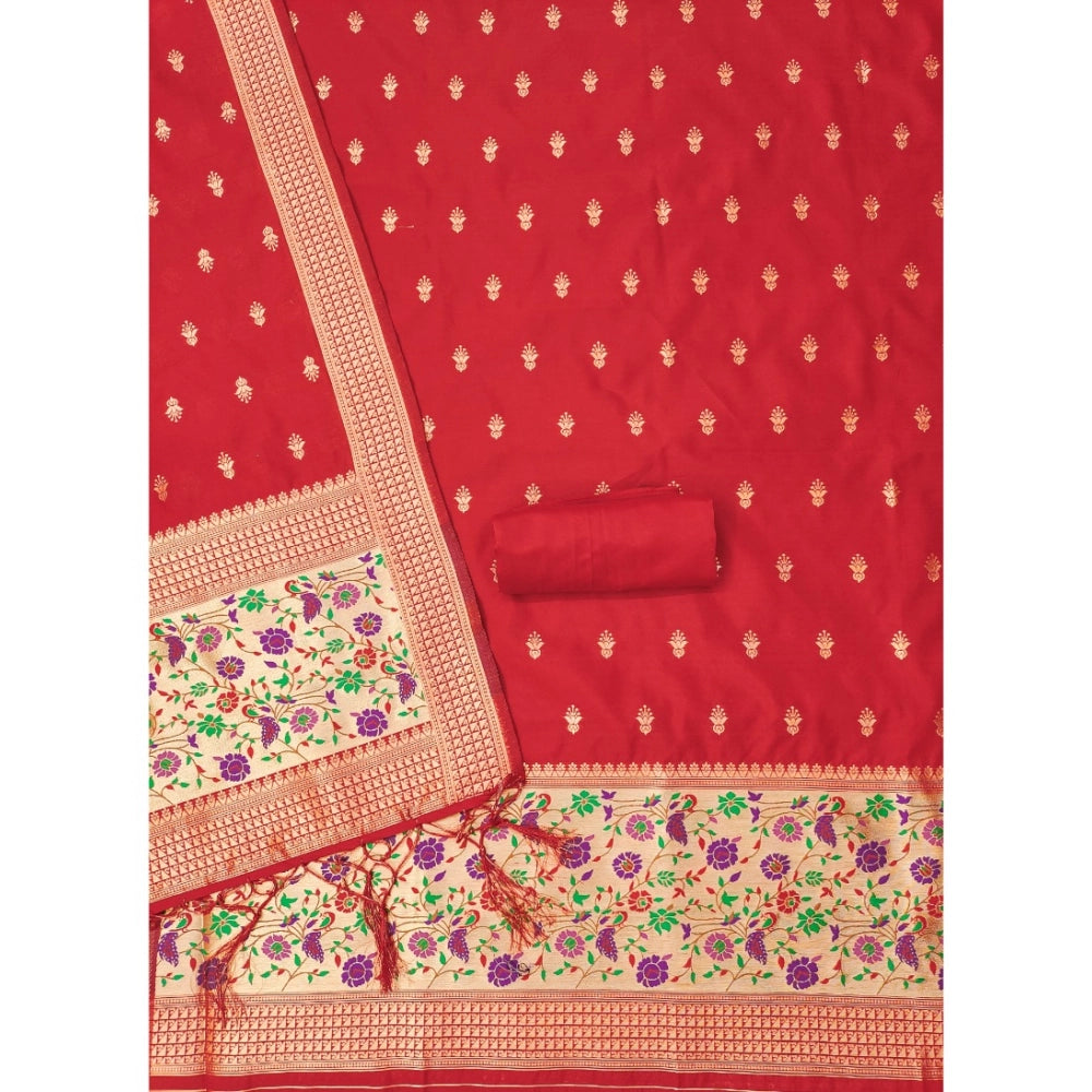 Vaystra Banarasi Silk Printed Unstitched Salwar Suit Material With Dupatta – Red