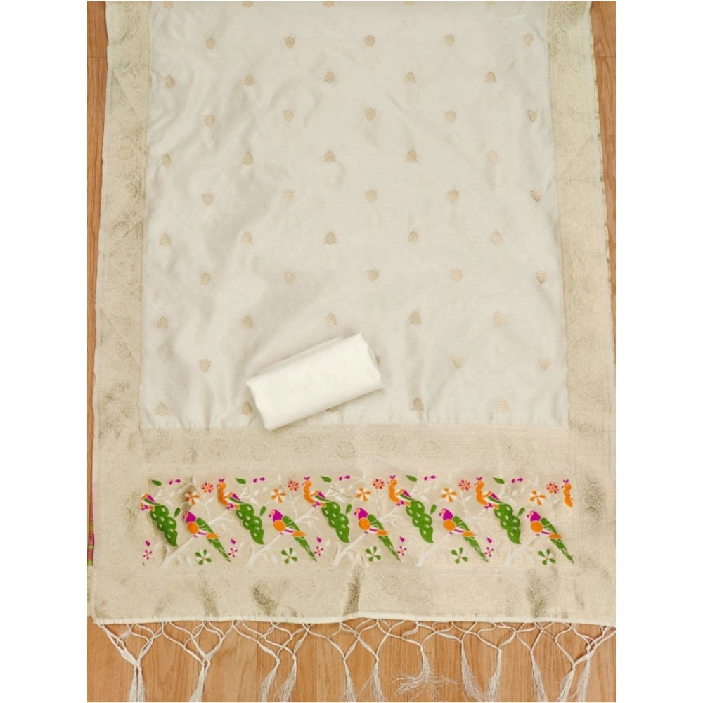 Vaystra Banarasi Silk Printed Unstitched Salwar Suit Material With Dupatta – White