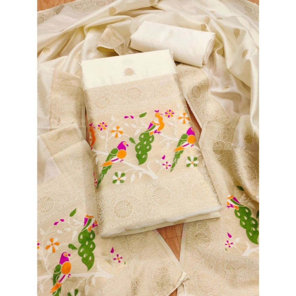 Vaystra Banarasi Silk Printed Unstitched Salwar Suit Material With Dupatta – White