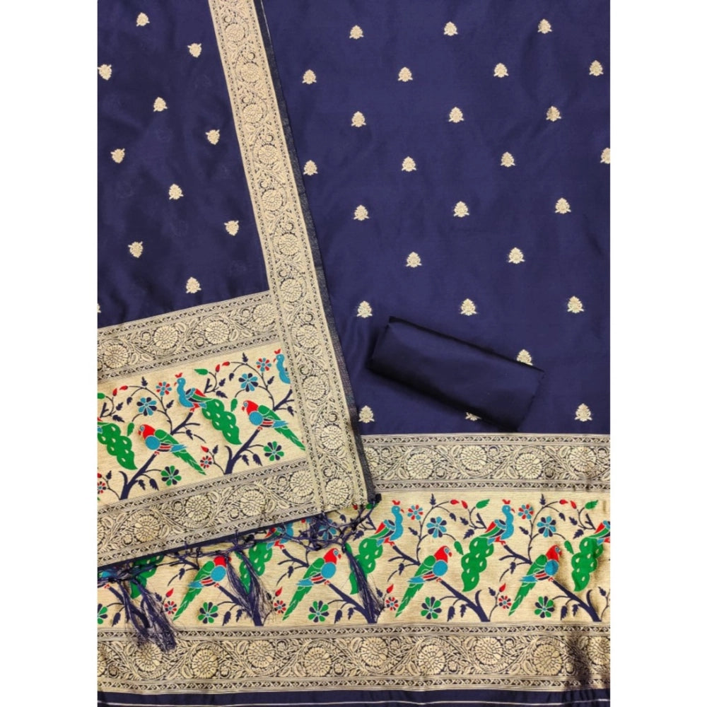 Vaystra Banarasi Silk Printed Unstitched Salwar Suit Material With Dupatta – Navy Blue