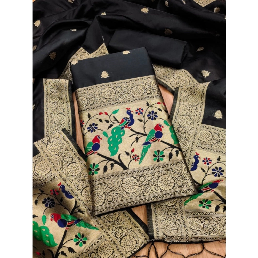 Vaystra Banarasi Silk Printed Unstitched Salwar Suit Material With Dupatta – Black