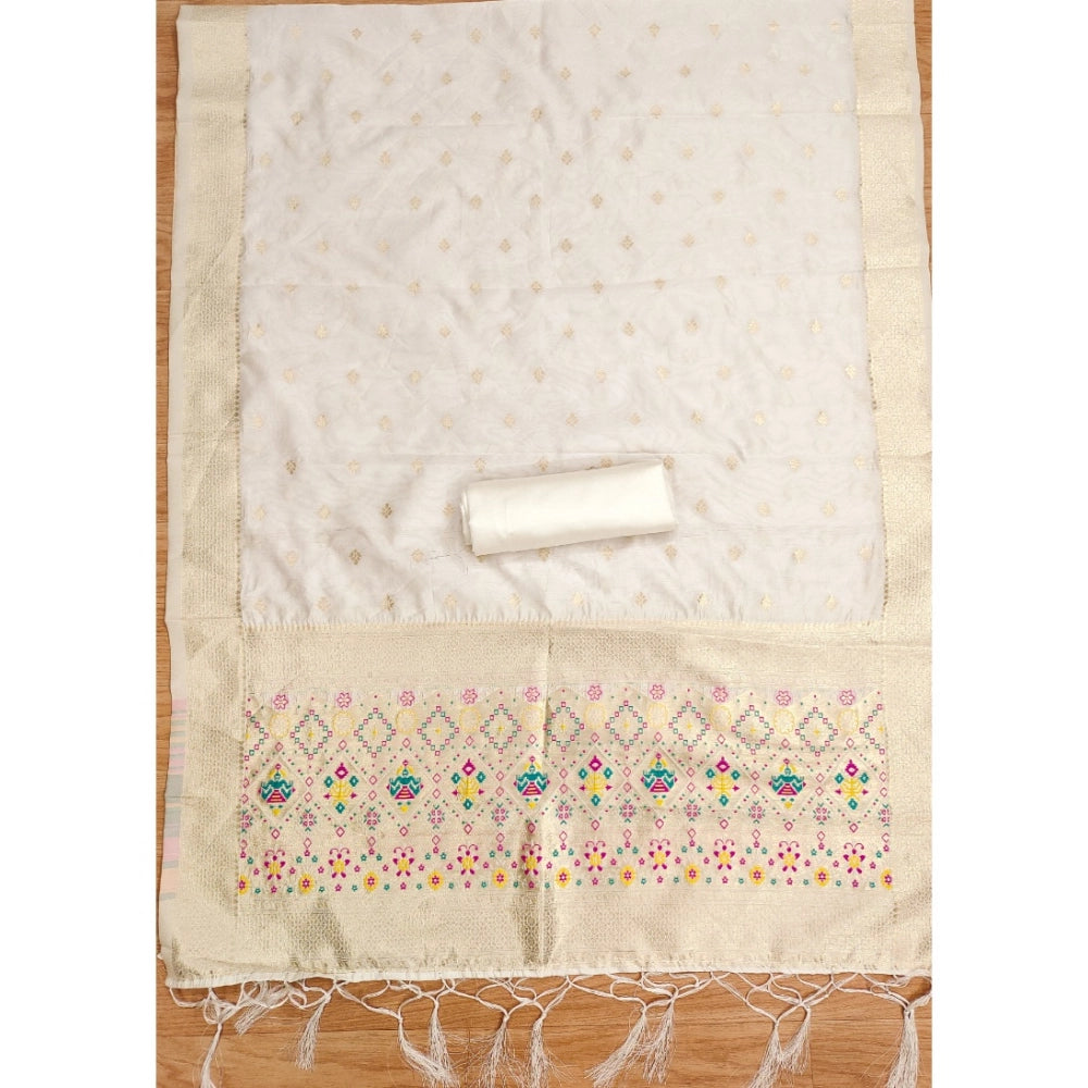 Vaystra Banarasi Silk Printed Unstitched Salwar Suit Material With Dupatta – White