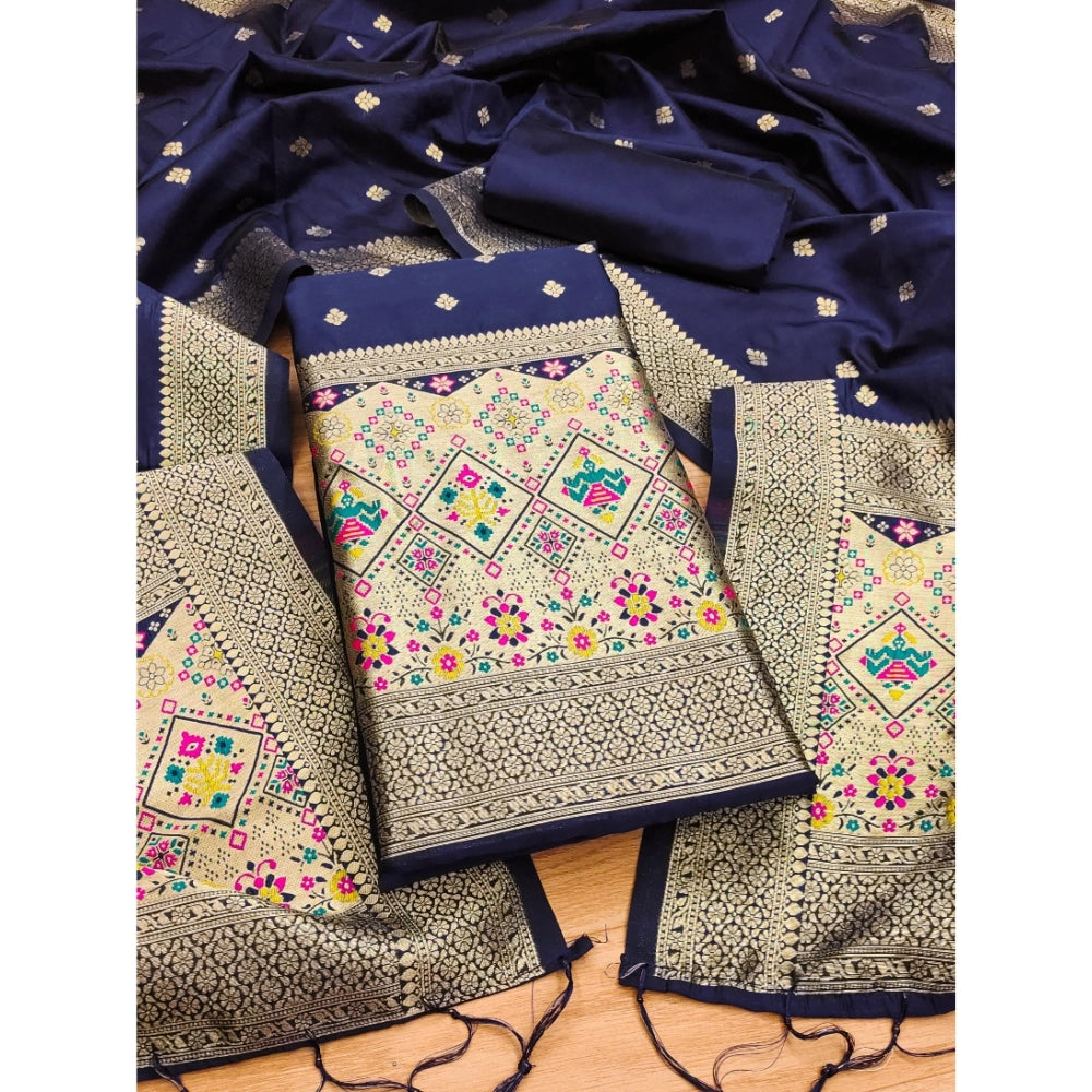 Vaystra Banarasi Silk Printed Unstitched Salwar Suit Material With Dupatta – Navy Blue