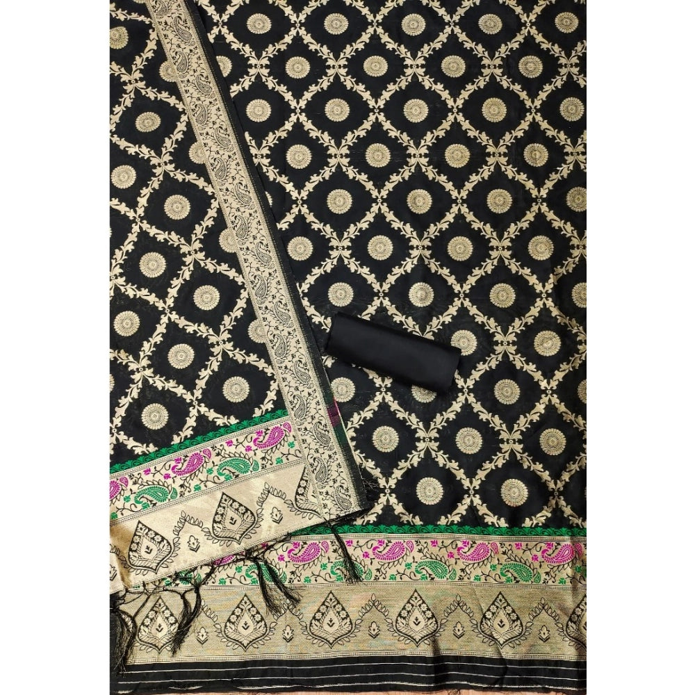 Vaystra Banarasi Silk Printed Unstitched Salwar Suit Material With Dupatta – Black