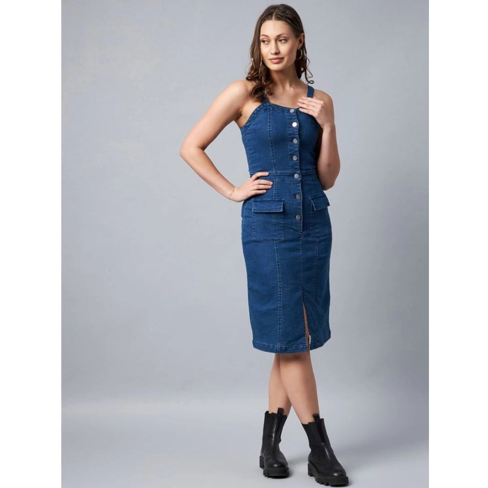 Vaystra Denim Lycra Solid Square Neck Shoulder Straps Dress – Blue