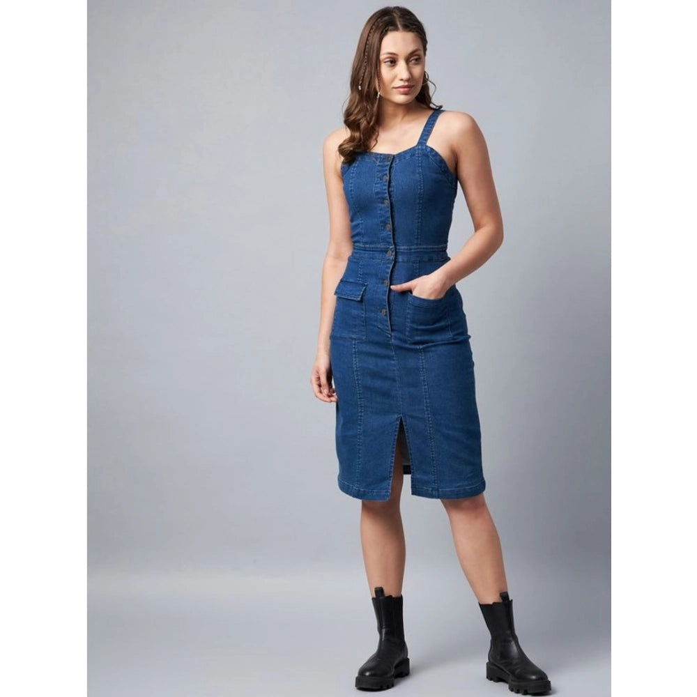 Vaystra Denim Lycra Solid Square Neck Shoulder Straps Dress – Blue