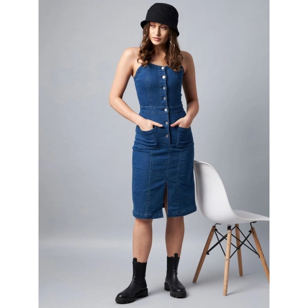 Vaystra Denim Lycra Solid Square Neck Shoulder Straps Dress – Blue