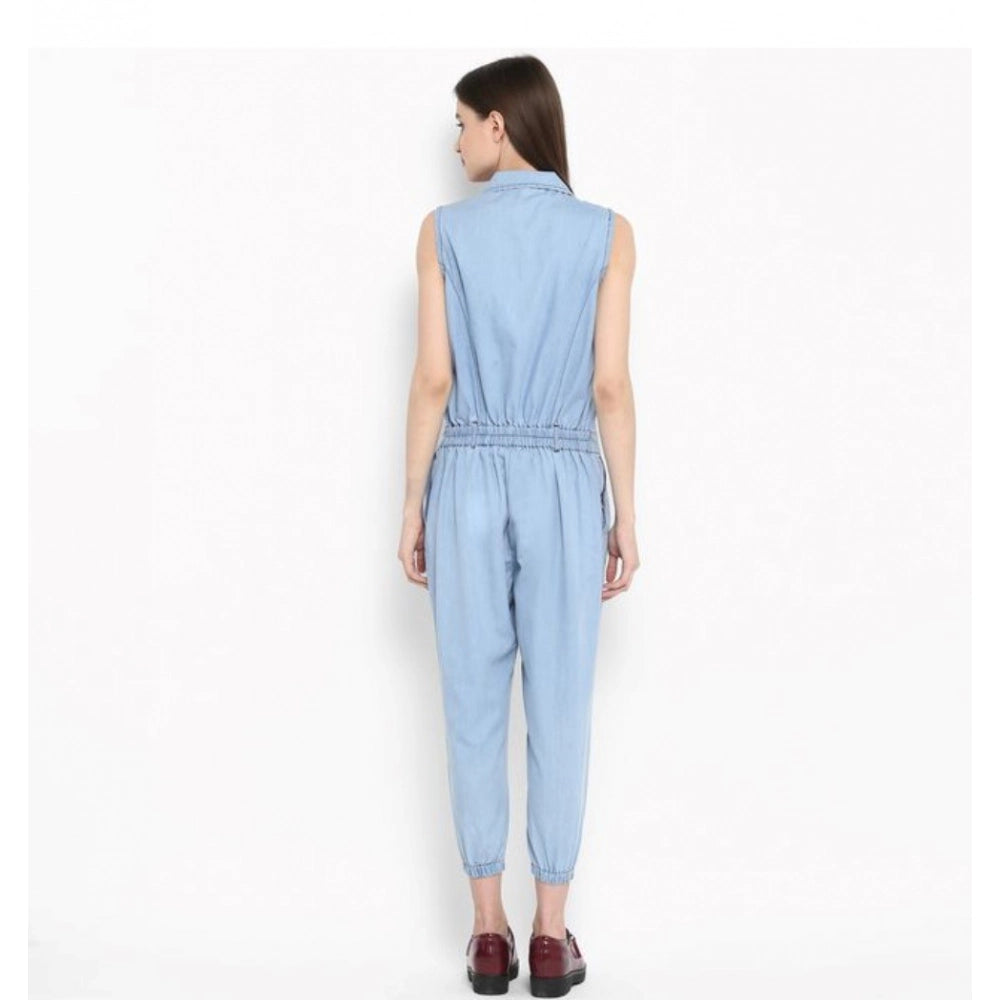 Vaystra Denim Solid Sleeveless Jumpsuit – Blue