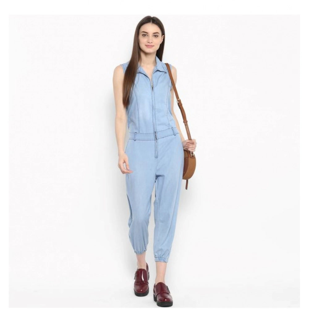 Vaystra Denim Solid Sleeveless Jumpsuit – Blue