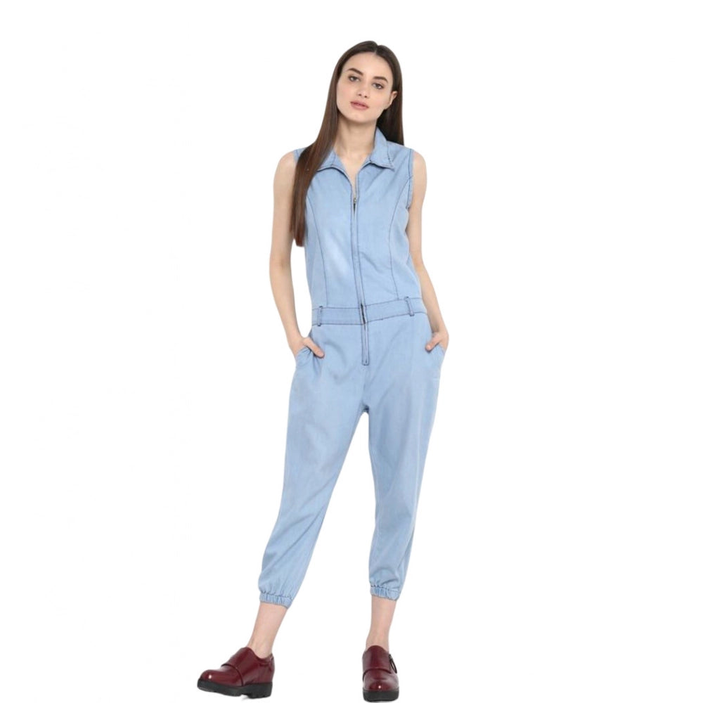 Vaystra Denim Solid Sleeveless Jumpsuit – Blue