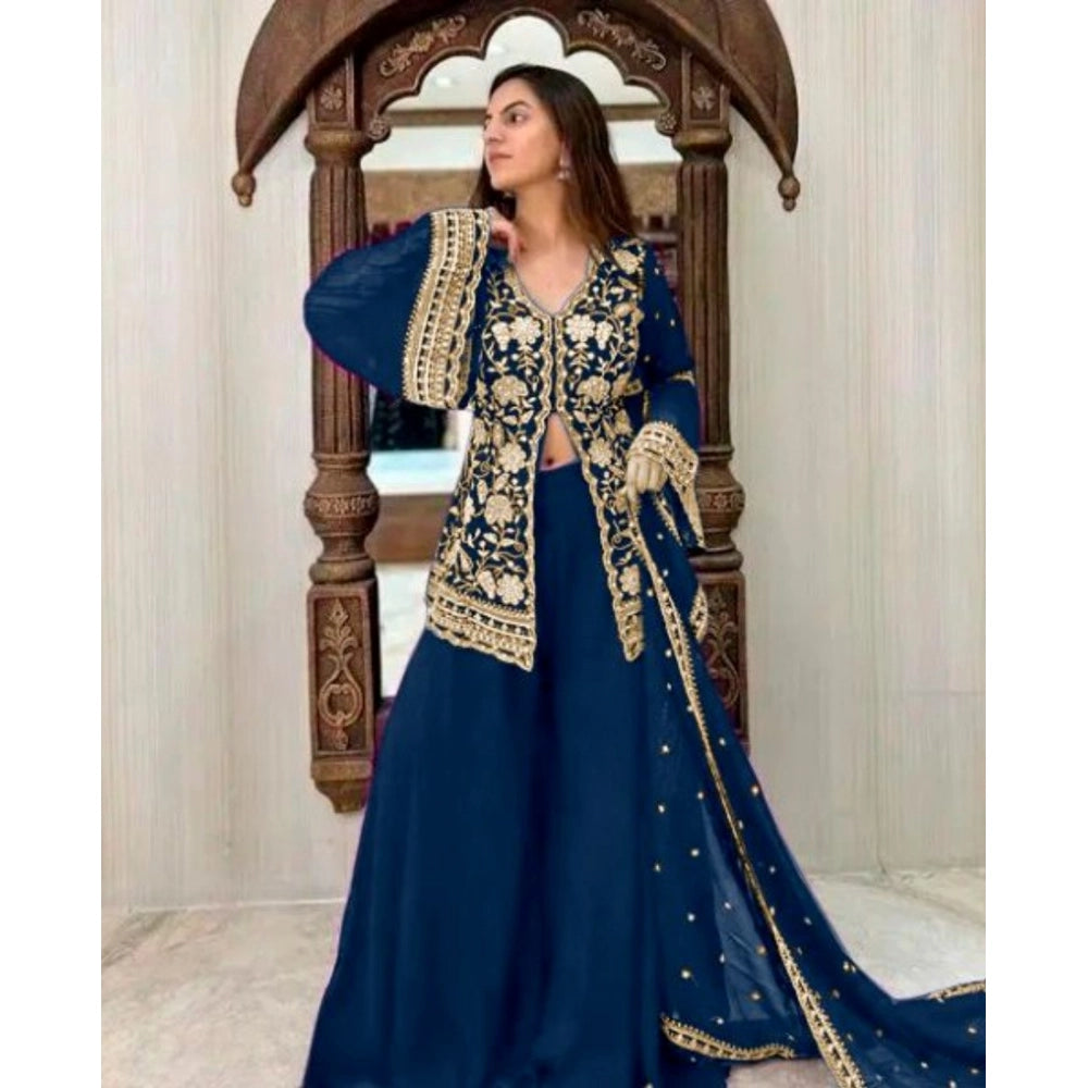 Vaystra Georgette Embroidery 3-4th Sleeve V-Neck Kurti, Palazzo And Dupatta Set – Morpich
