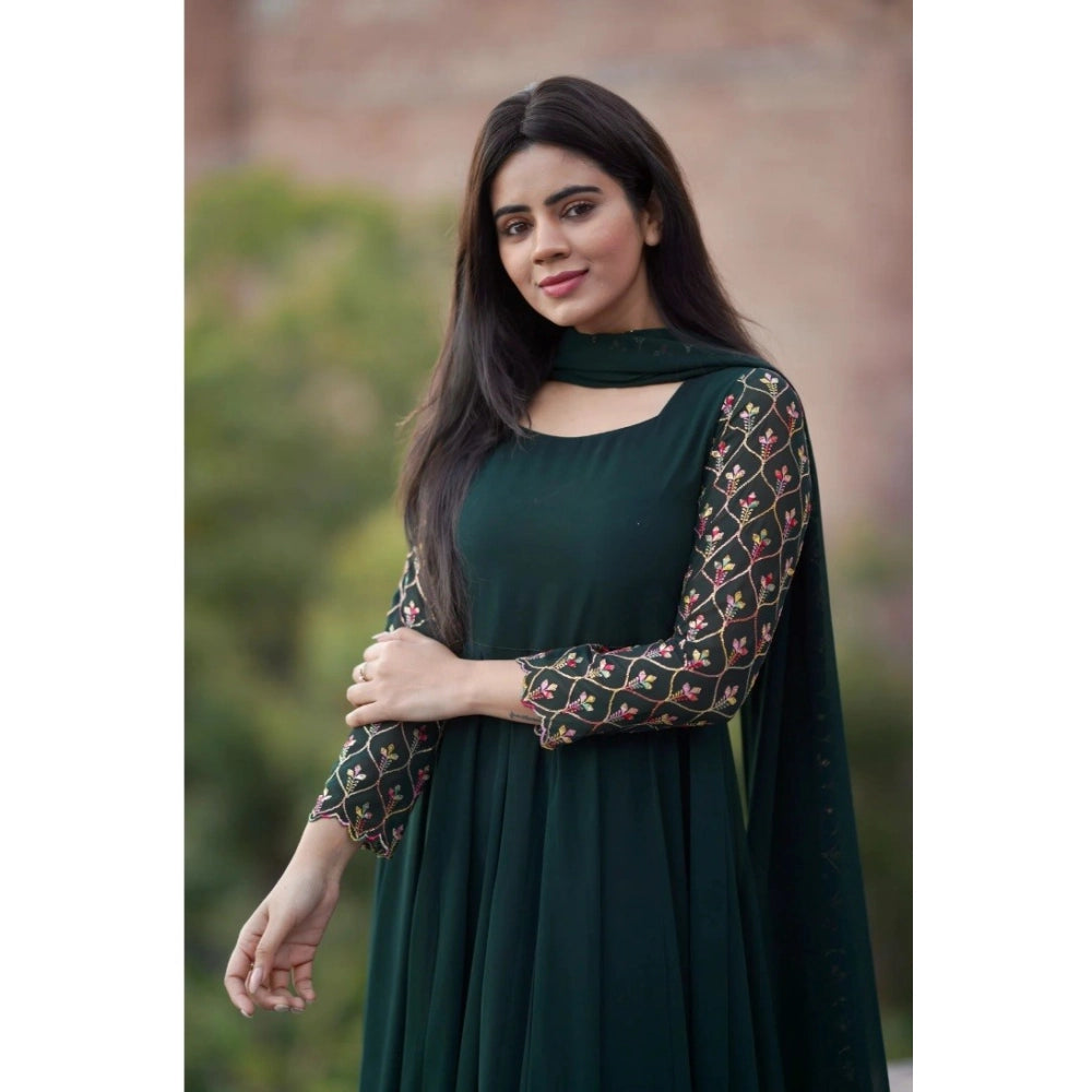 Vaystra Georgette Embroidery 3-4th Sleeve Round Neck Kurti with Dupatta Set – Green