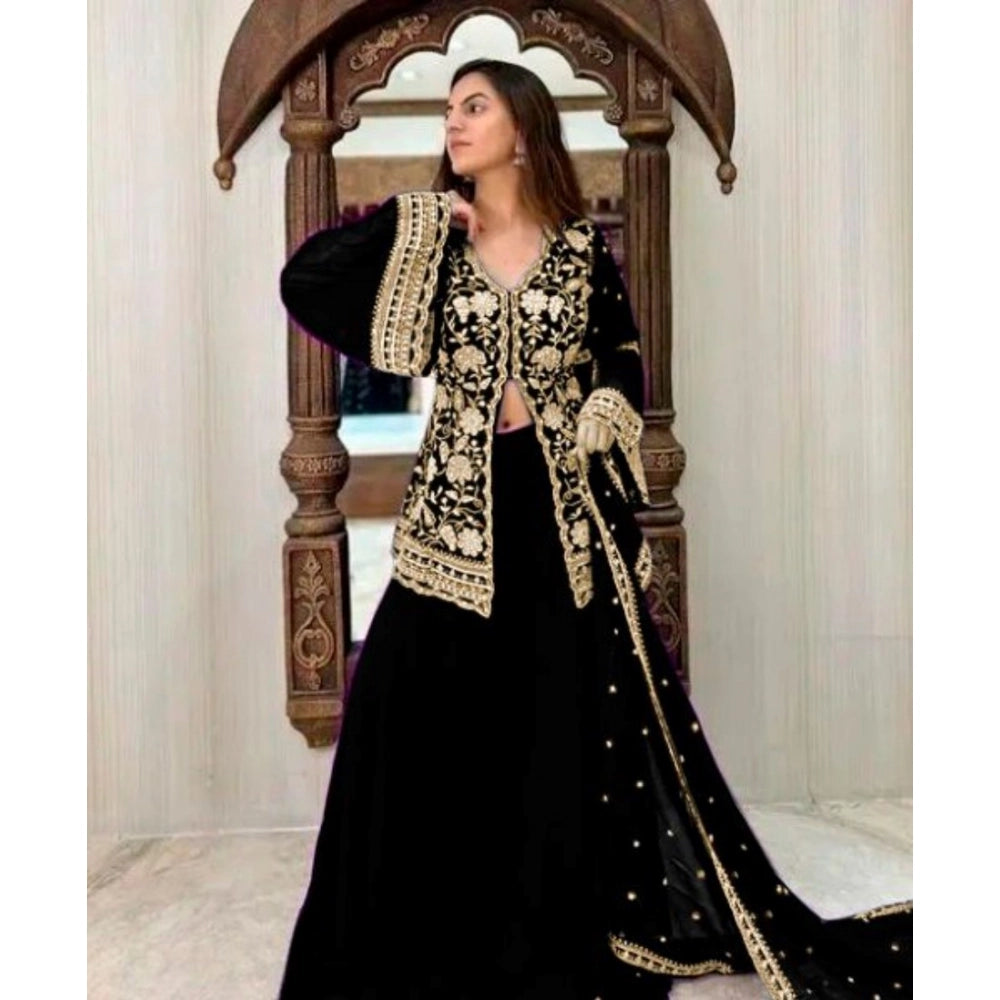 Vaystra Georgette Embroidery 3-4th Sleeve V-Neck Kurti, Palazzo And Dupatta Set – Black
