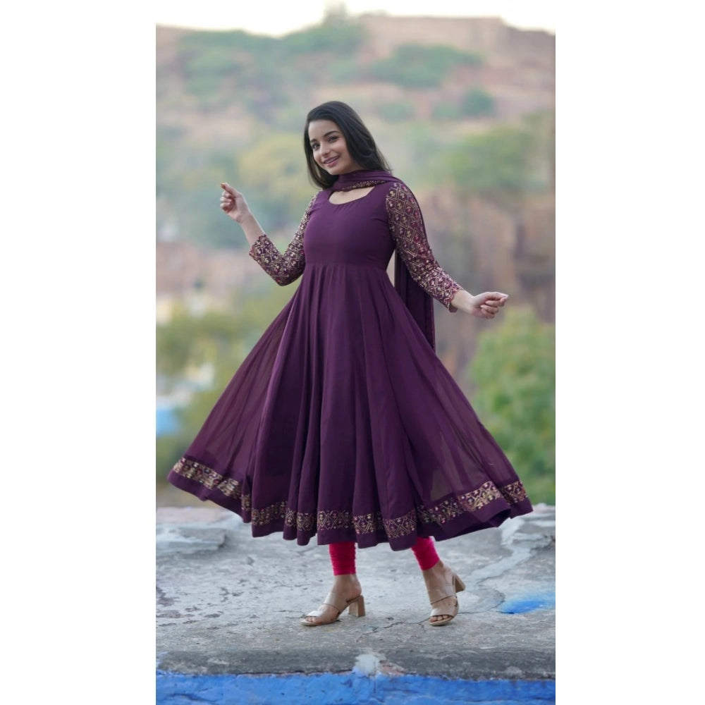 Vaystra Georgette Embroidery 3-4th Sleeve Round Neck Kurti with Dupatta Set – Wine