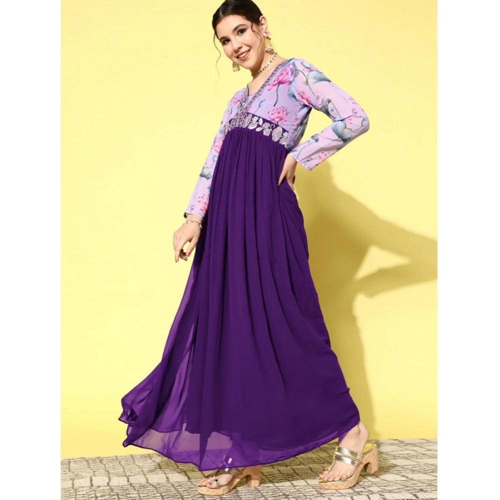 Vaystra Georgette Embroidery 3-4th Sleeve V-Neck Kurti – Purple