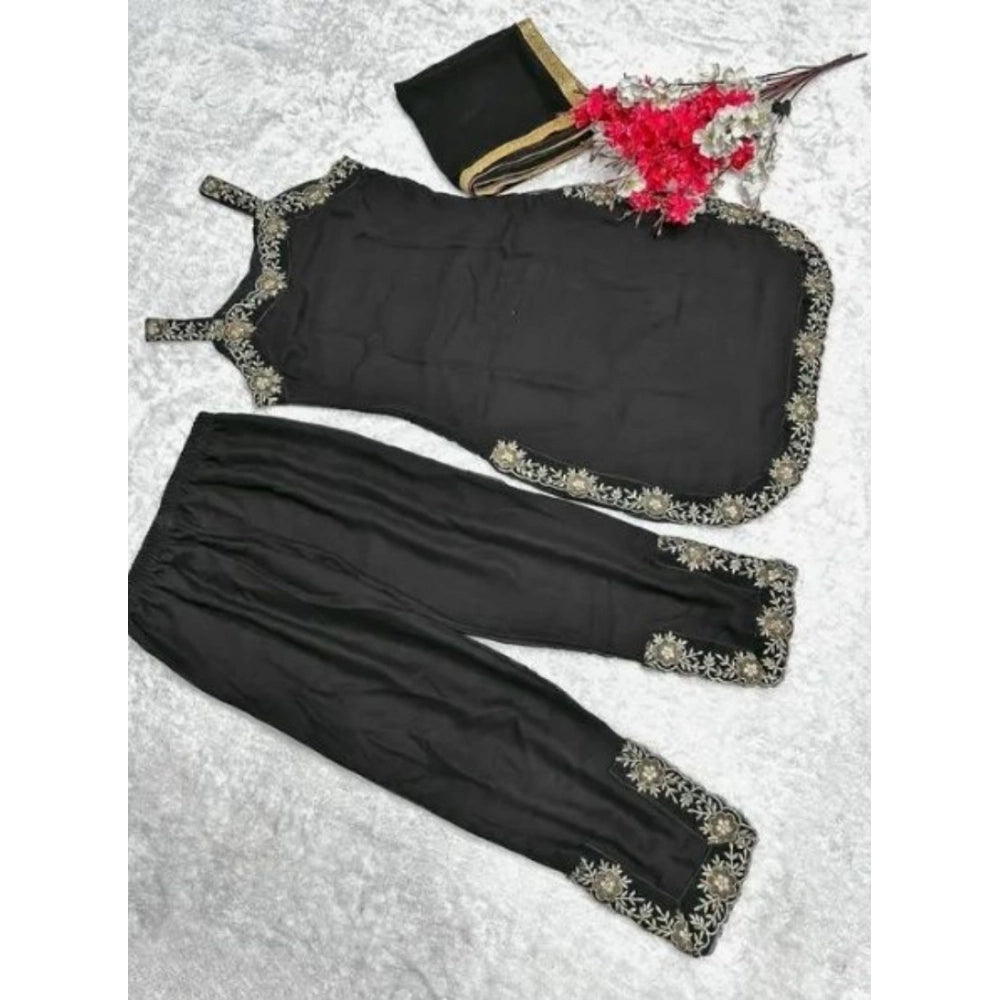 Vaystra Georgette Embroidery Sleeveless Round Neck Kurti, Palazzo And Dupatta Set – Black
