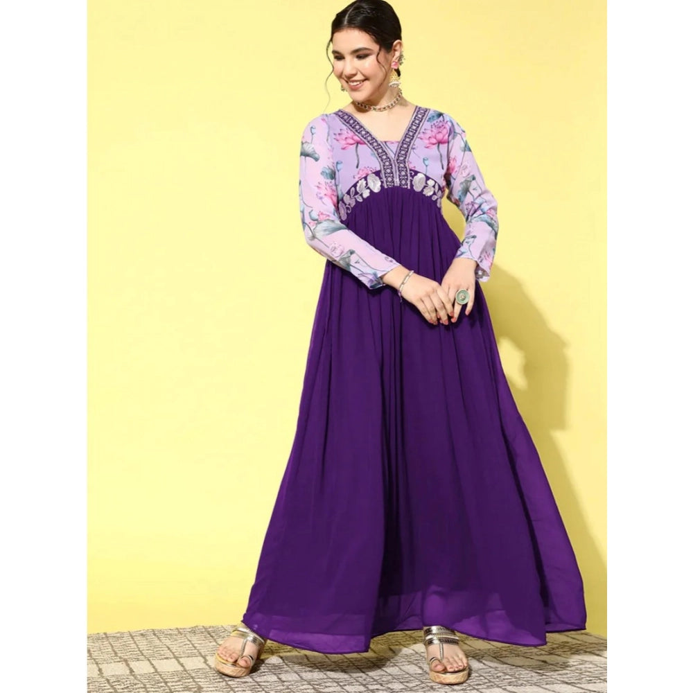 Vaystra Georgette Embroidery 3-4th Sleeve V-Neck Kurti – Purple