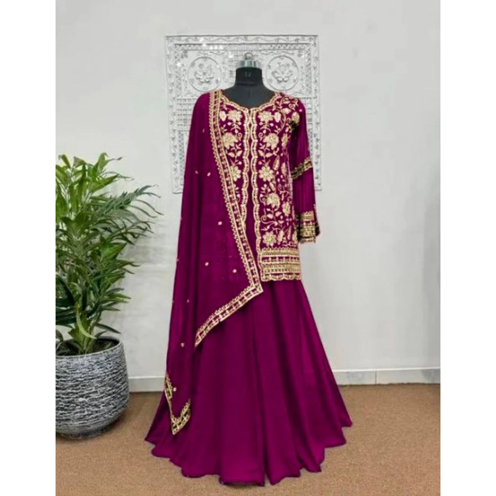 Vaystra Georgette Embroidery 3-4th Sleeve V-Neck Kurti, Palazzo And Dupatta Set – Wine