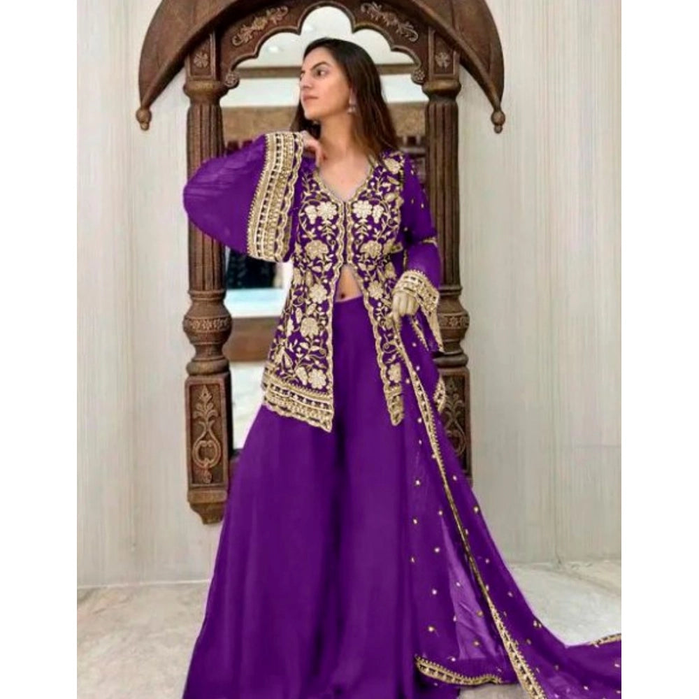 Vaystra Georgette Embroidery 3-4th Sleeve V-Neck Kurti, Palazzo And Dupatta Set – Purple