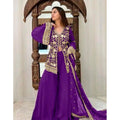 Vaystra Georgette Embroidery 3-4th Sleeve V-Neck Kurti, Palazzo And Dupatta Set – Purple