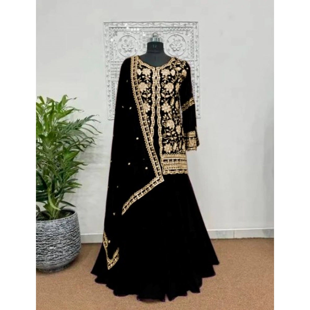 Vaystra Georgette Embroidery 3-4th Sleeve V-Neck Kurti, Palazzo And Dupatta Set – Black