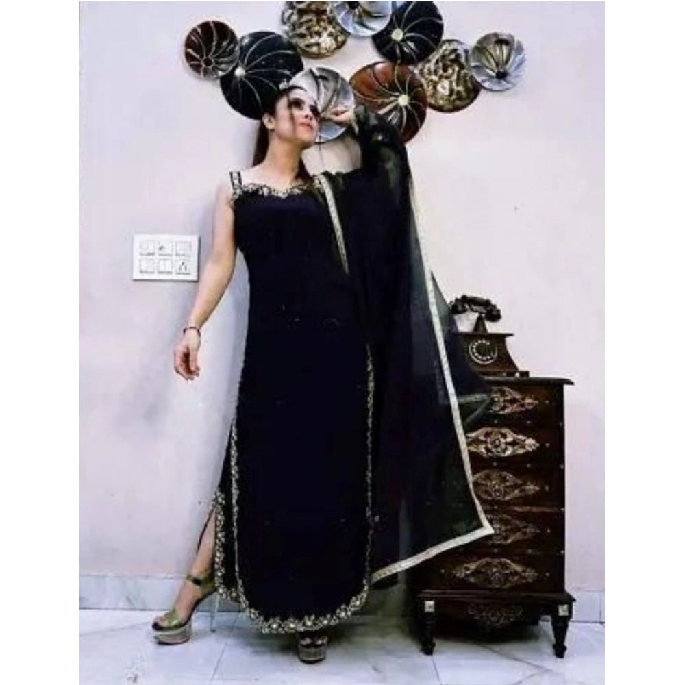 Vaystra Georgette Embroidery Sleeveless Round Neck Kurti, Palazzo And Dupatta Set – Black